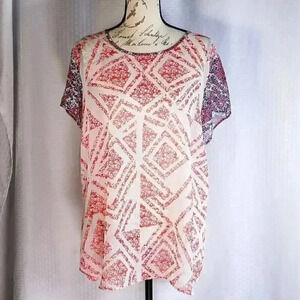 CAbi Size L red/white/blue flutter sleeve geometric print blouse
